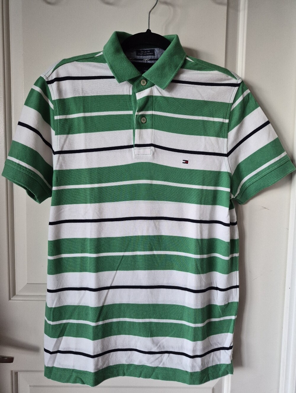 Tommy Hilfiger Green and White Striped Polo Crewneck- Men Size Small